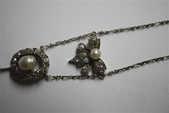 An Edwardian gold and silver, diamond and cultured? pearl drop necklace, pendant section 42mm.